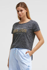 T-shirt devore z napisem z cekinów