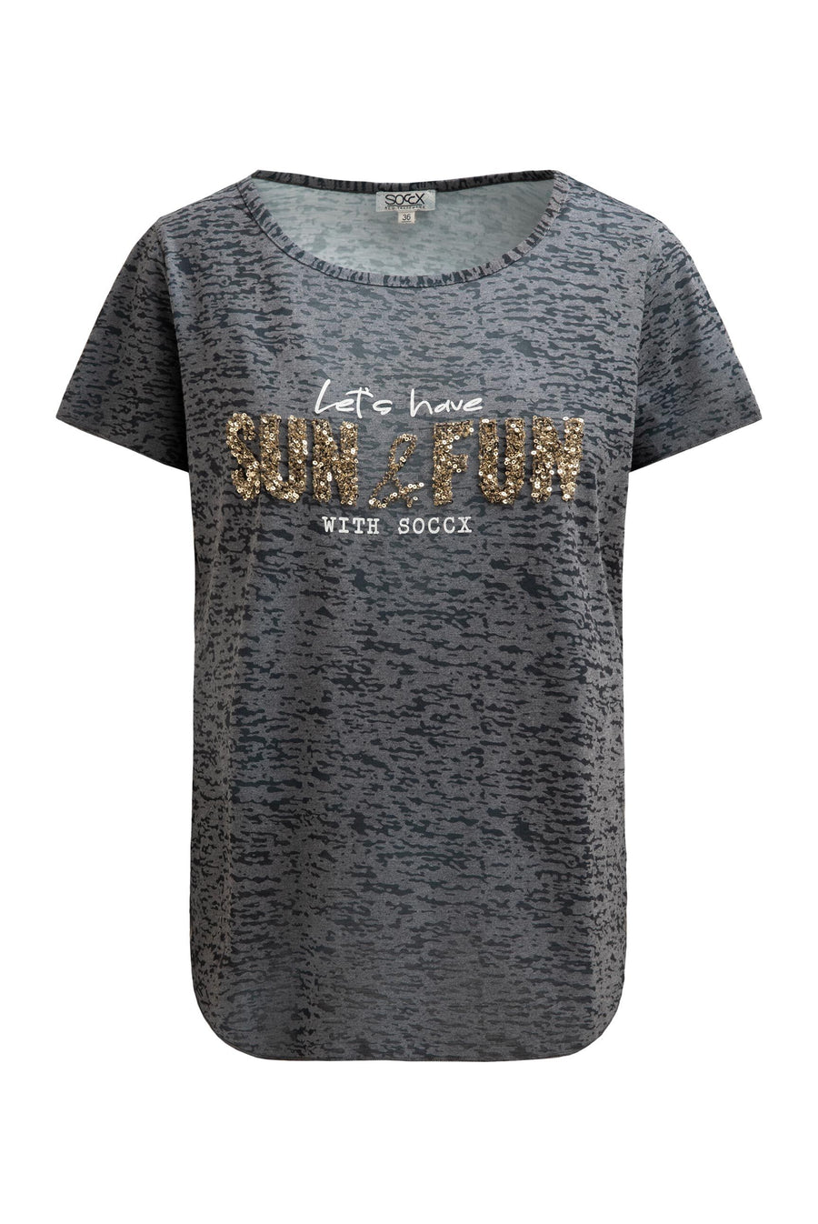 T-shirt devore z napisem z cekinów