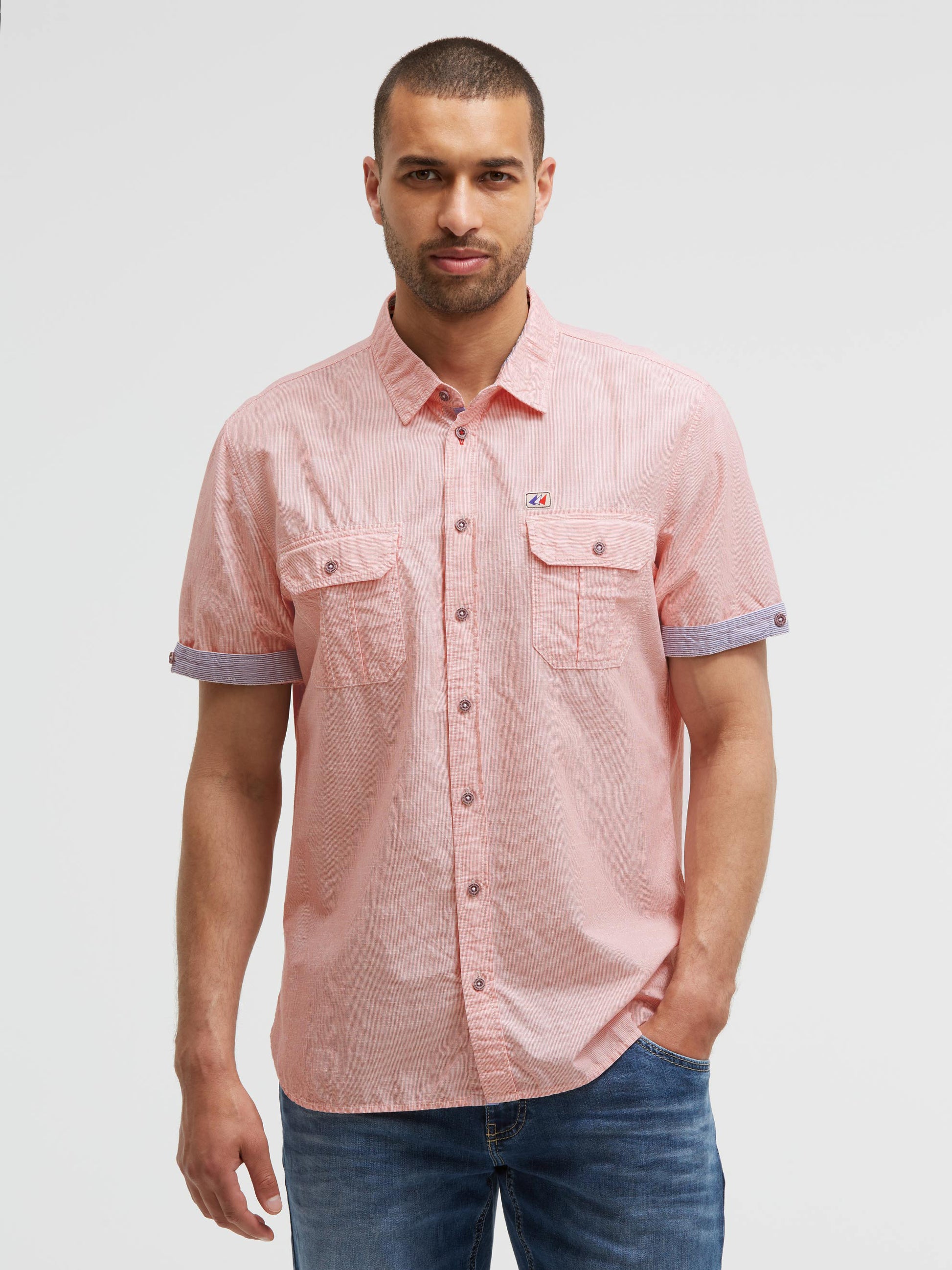 Fein gestreiftes Kurzarmhemd mit Klappentaschen blaze coral - 3