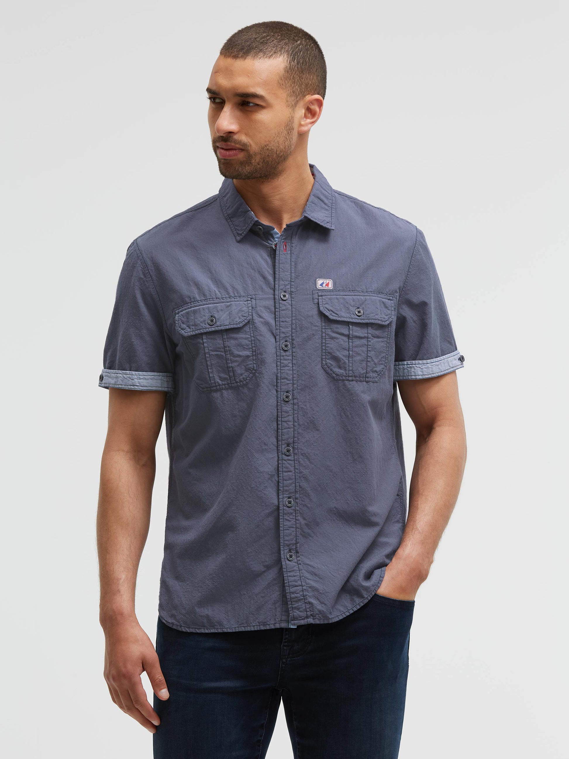 Fein gestreiftes Kurzarmhemd mit Klappentaschen blue navy - 3
