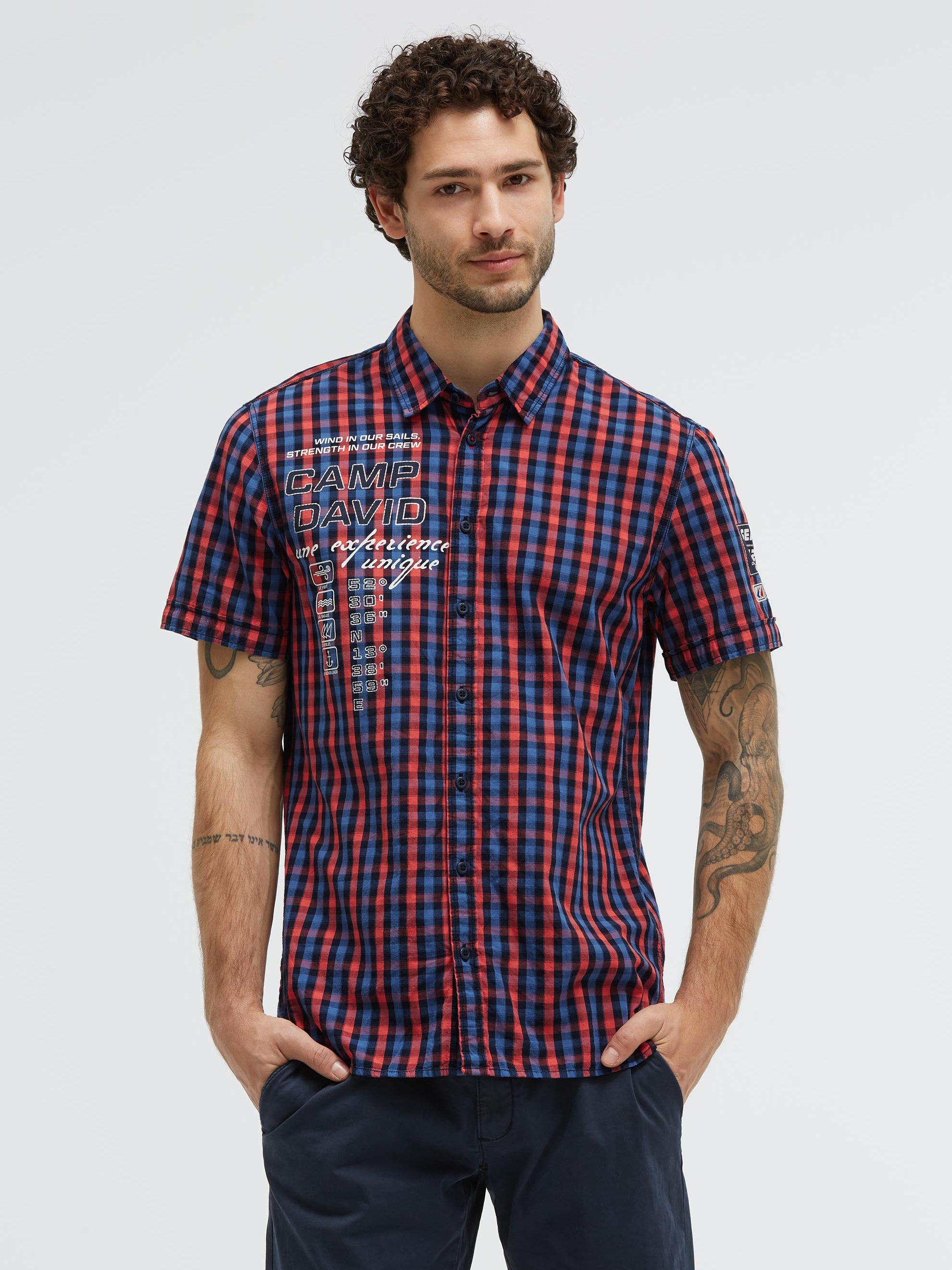 Karohemd Kurzarm mit Label Prints und Patches blaze coral