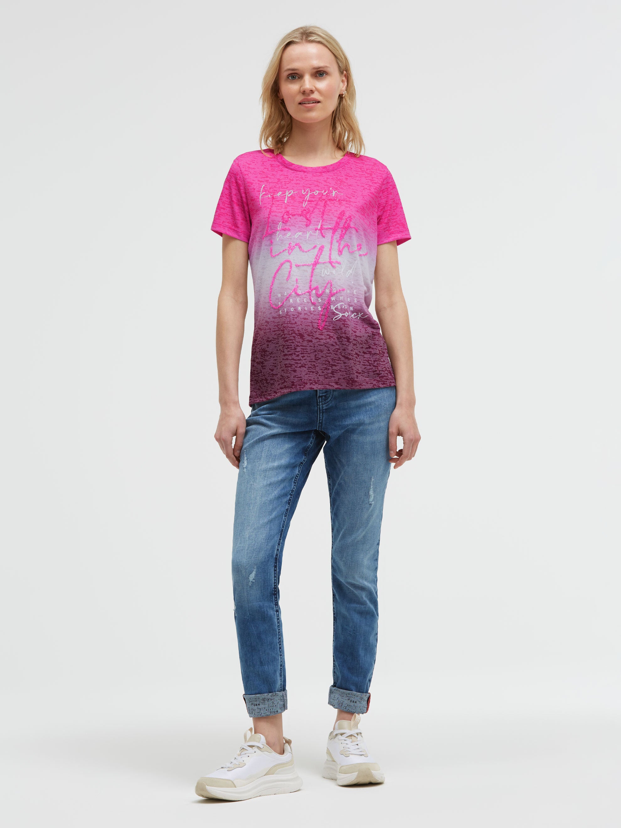 Ausbrenner-Shirt mit Farbverlauf und Pailletten-Wording rosy neon
