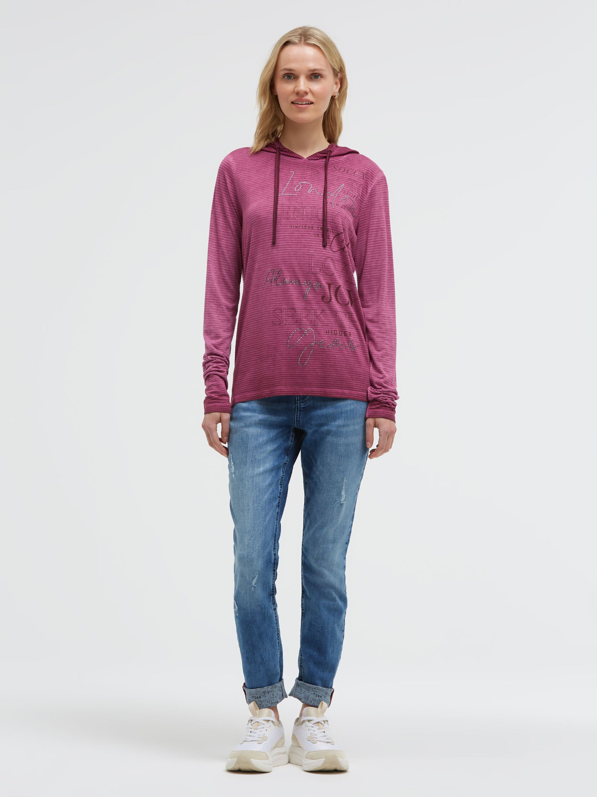 Gestreiftes Kapuzenshirt mit  Print und Schmucksteinen dark cherry - 3
