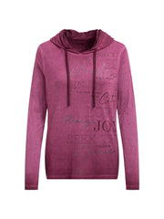 Gestreiftes Kapuzenshirt mit  Print und Schmucksteinen dark cherry