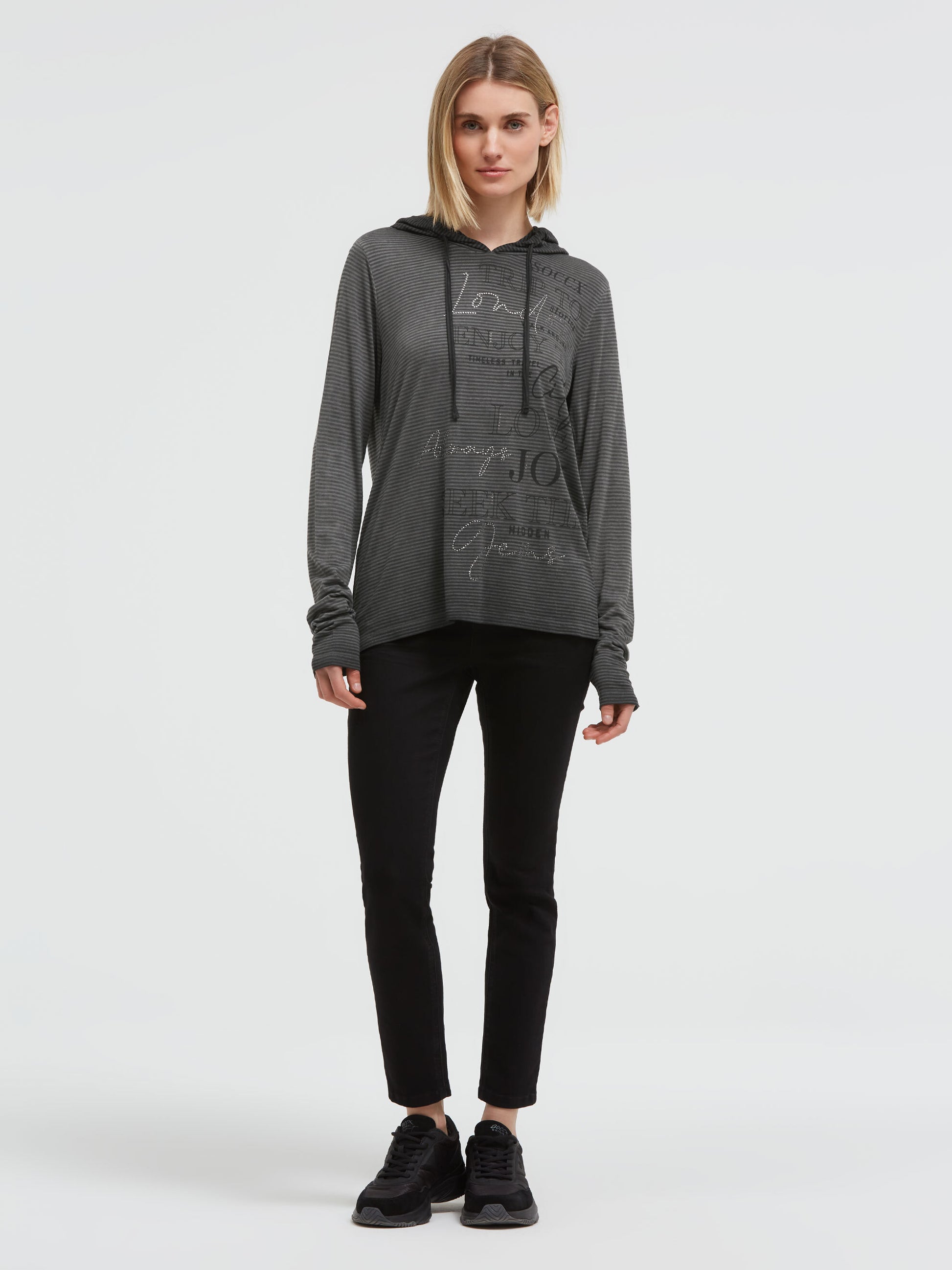 Gestreiftes Kapuzenshirt mit  Print und Schmucksteinen black - 3