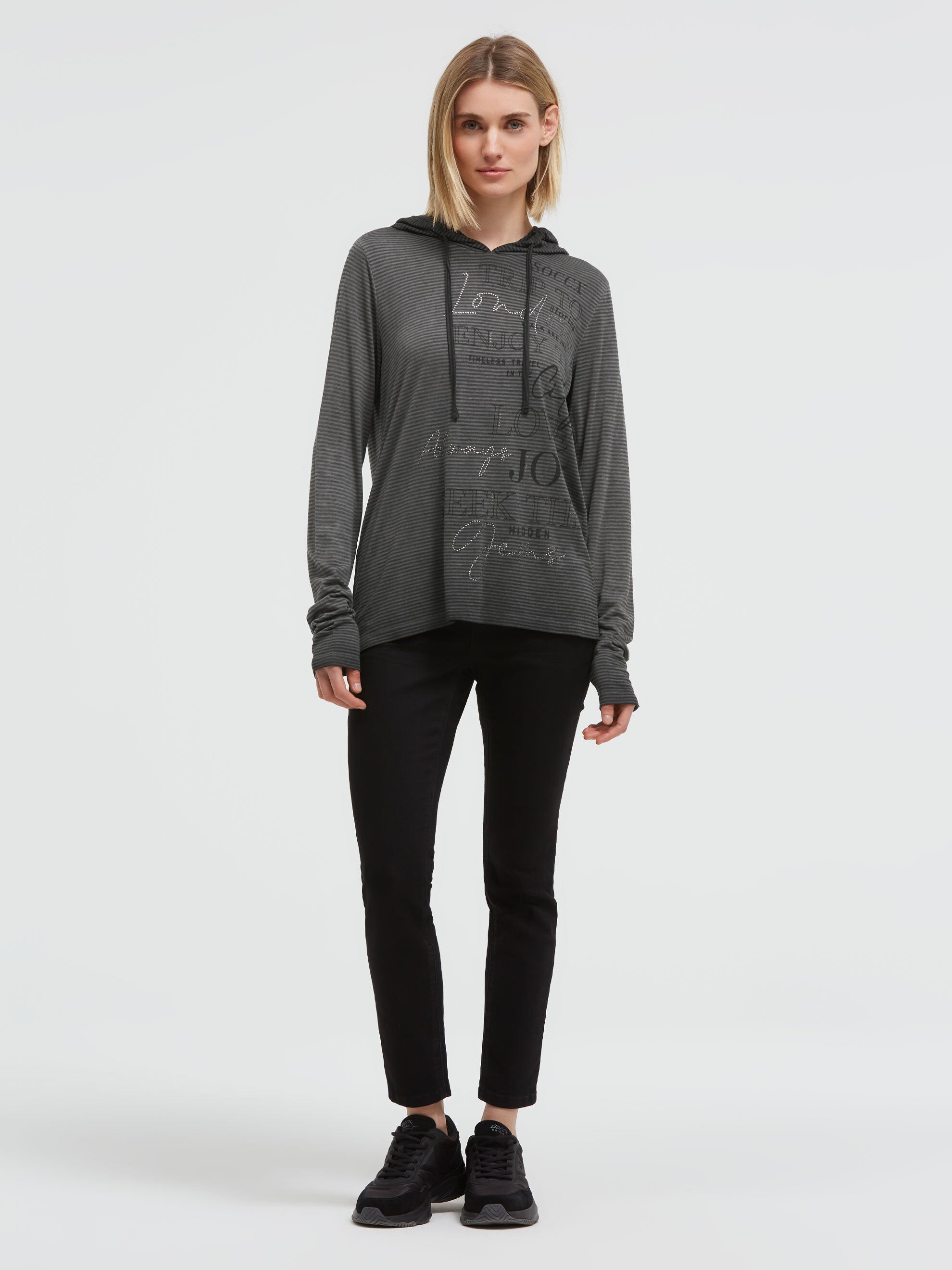 Gestreiftes Kapuzenshirt mit  Print und Schmucksteinen black