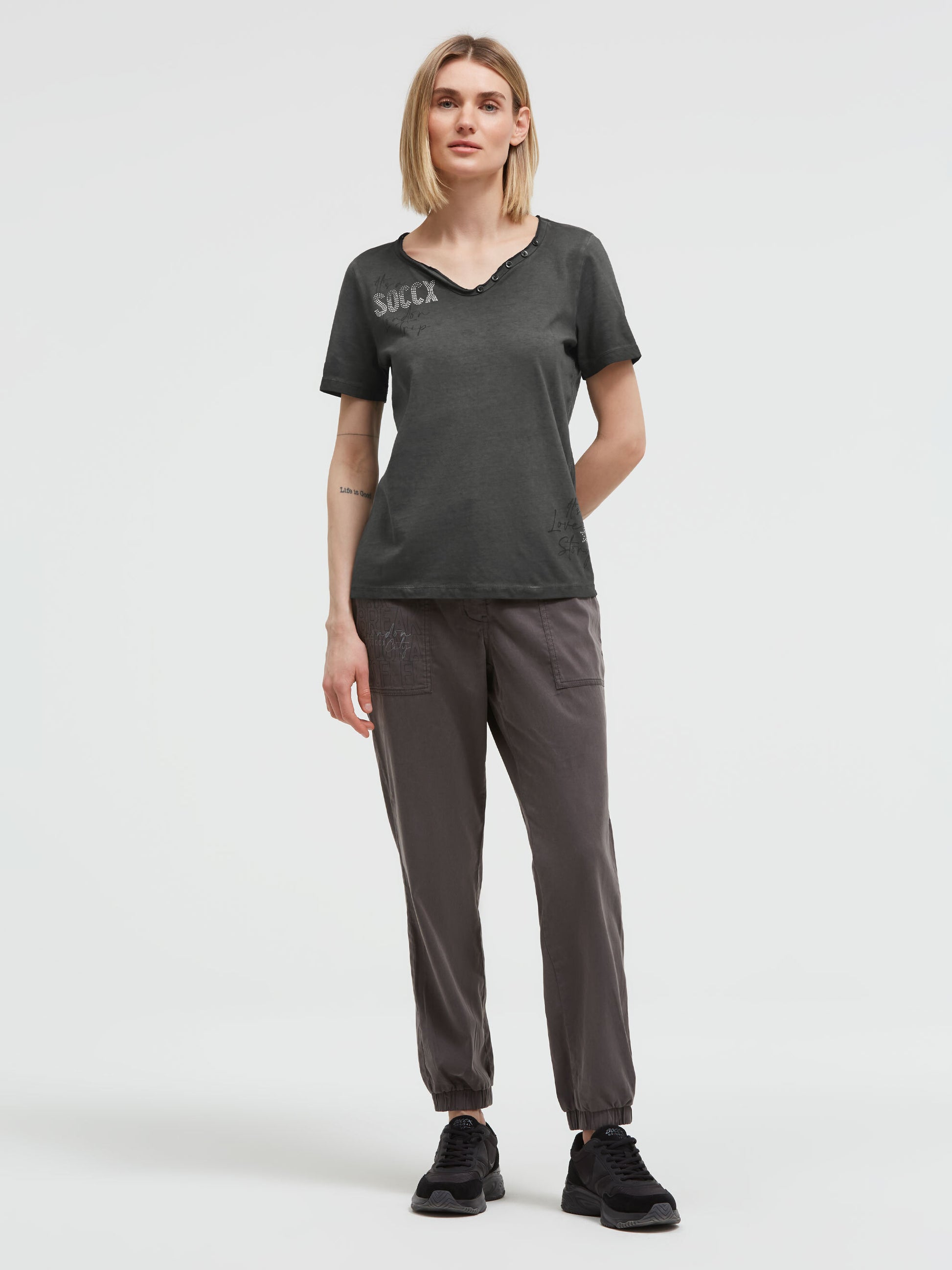 Henley-Shirt im Used Look mit Artworks black - 3