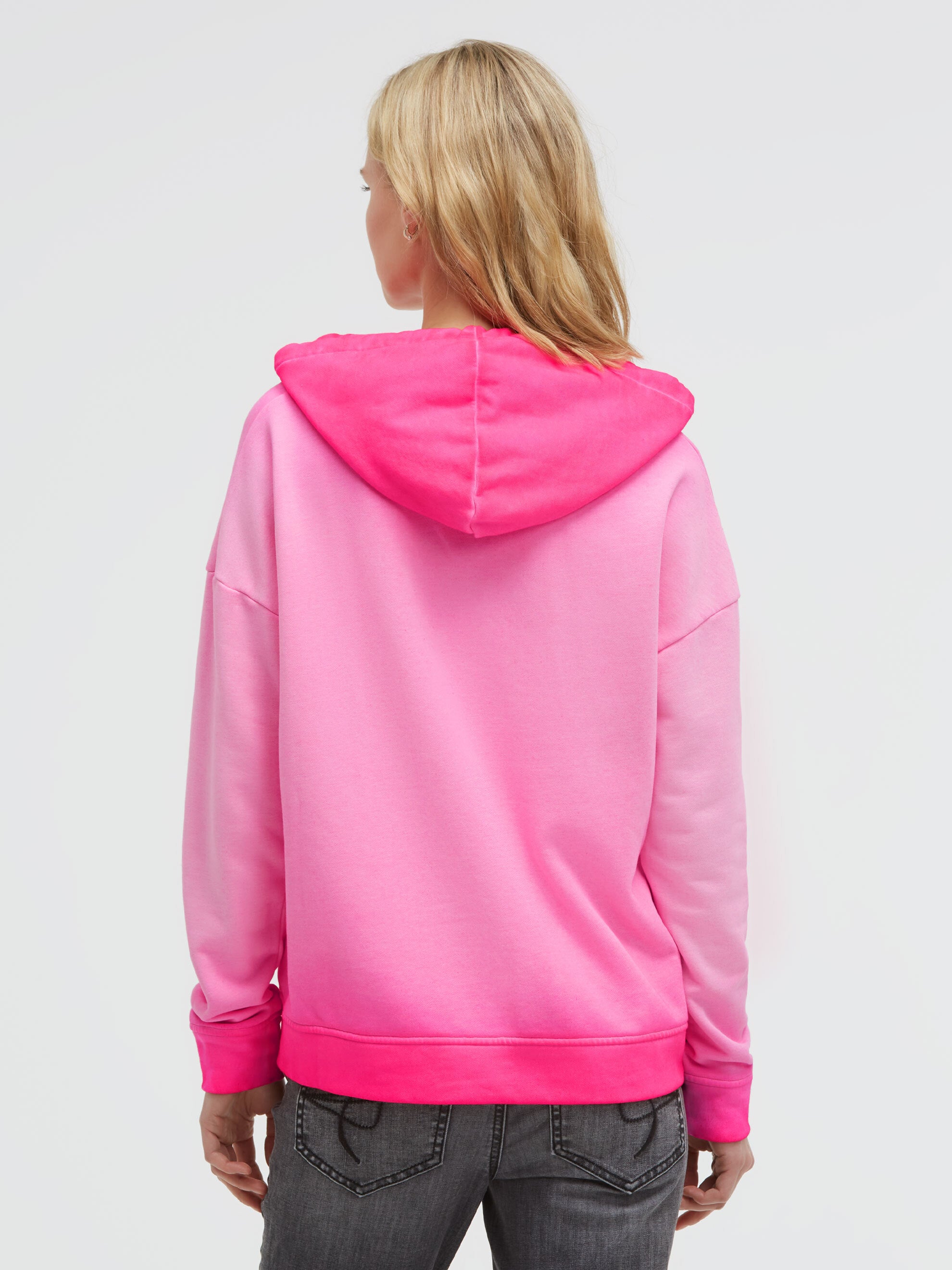 Hoodie Oil Dyed mit Pailletten-Wording rosy neon