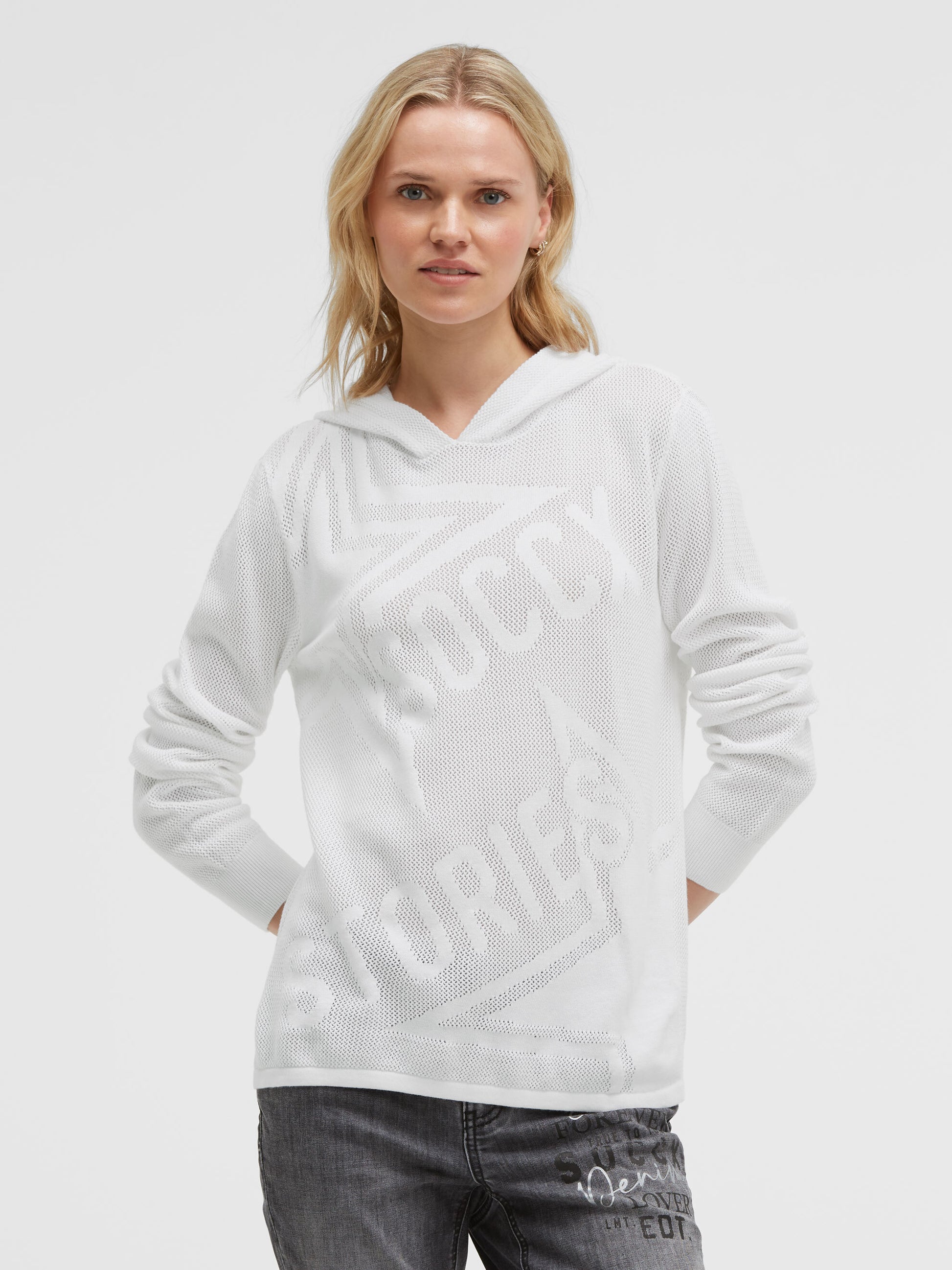 Hoodie mit Mesh-Struktur und Intarsia-Design opticwhite - 2
