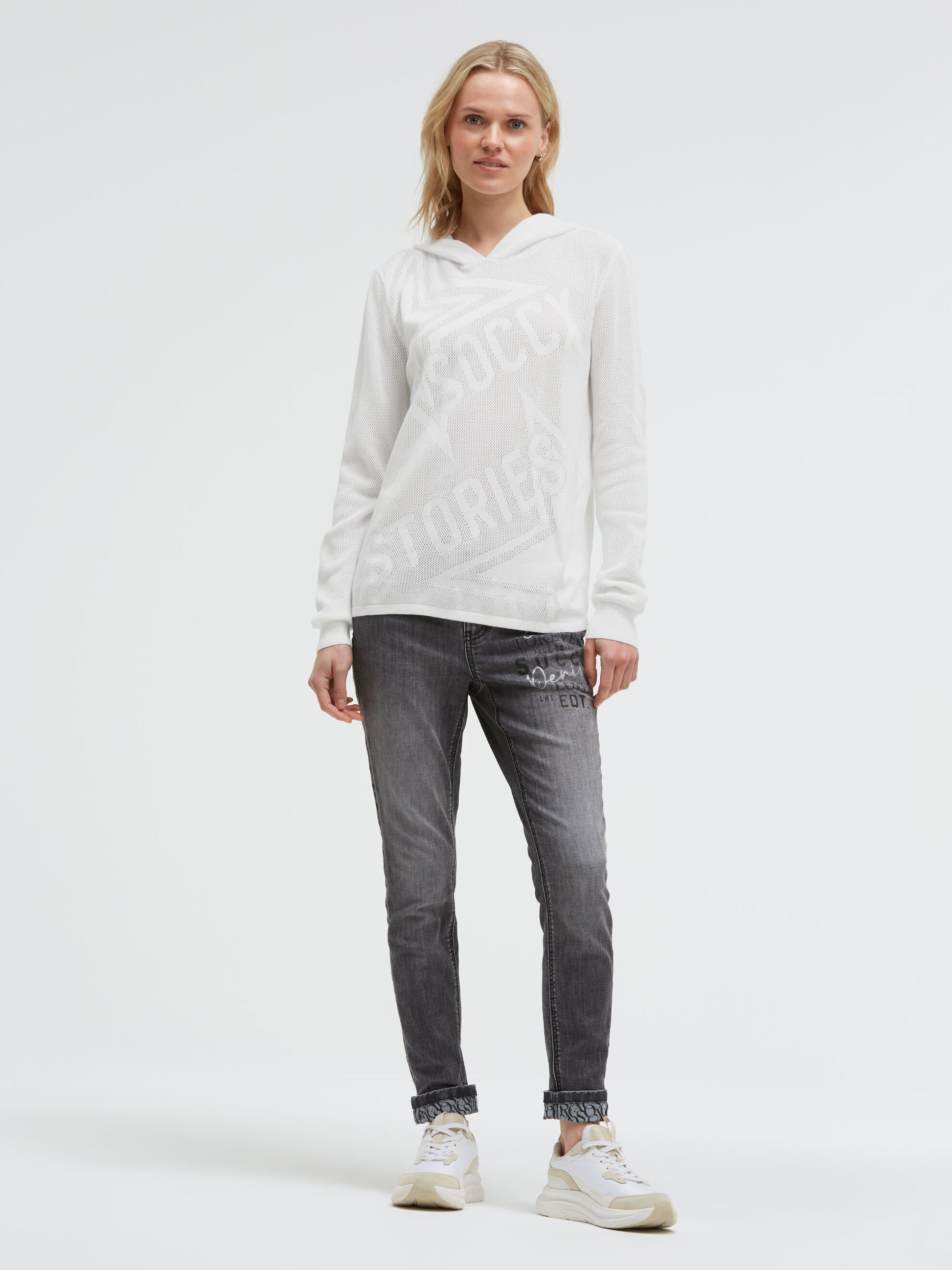 Hoodie mit Mesh-Struktur und Intarsia-Design opticwhite - 3