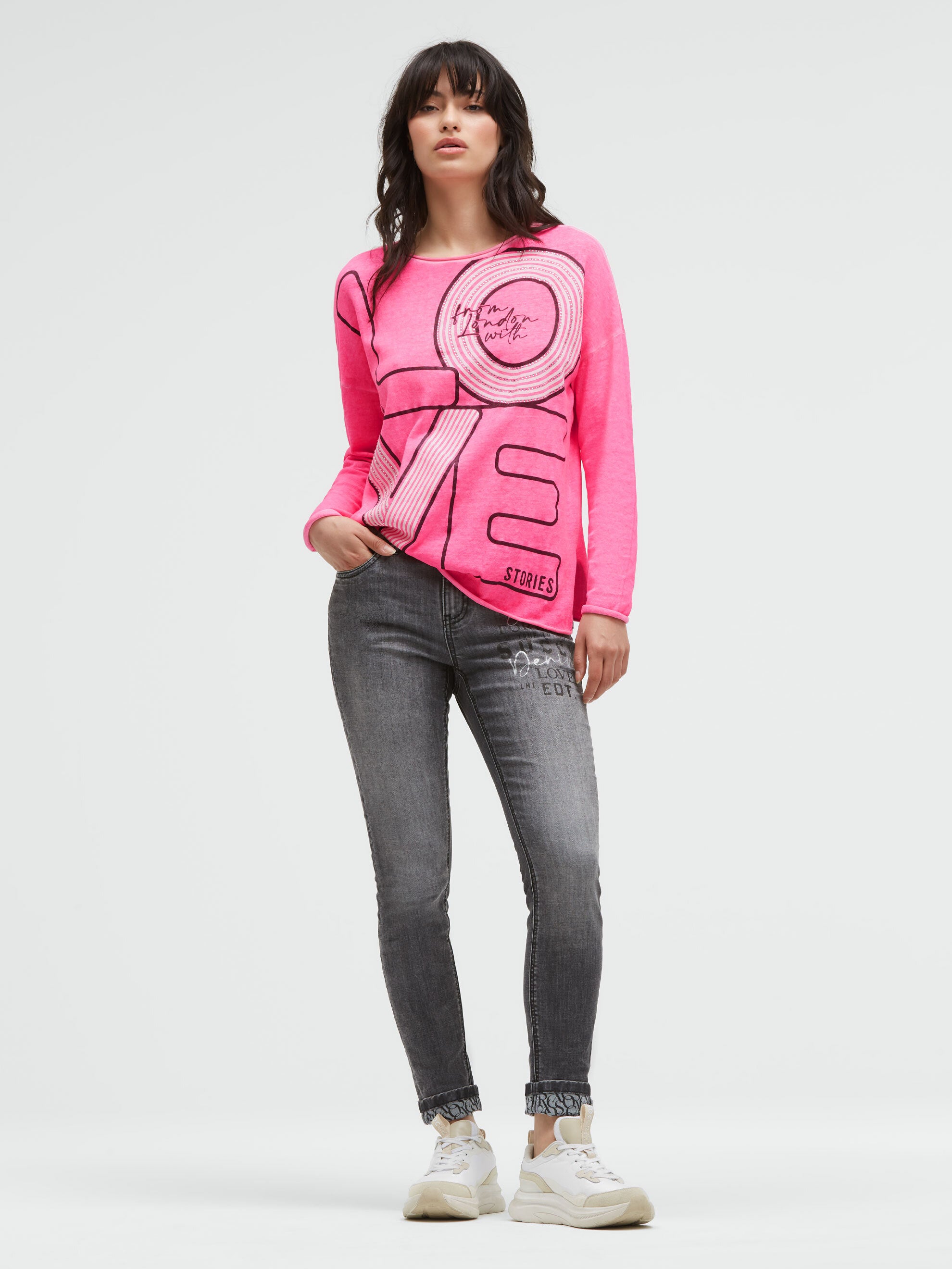 Feinstrick-Pullover mit Love-Artwork rosy neon