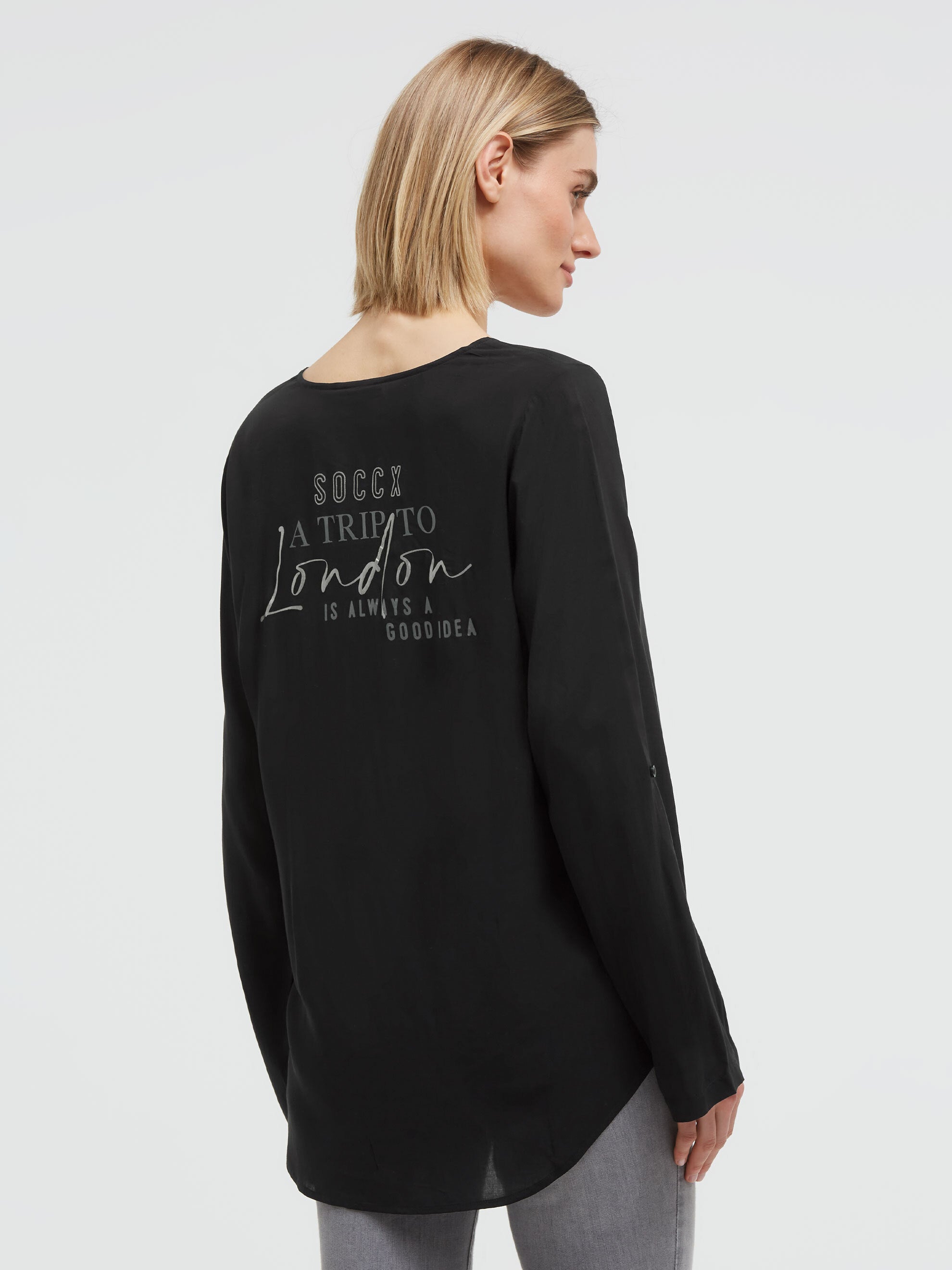 Leichte Bluse mit V-Ausschnitt und Rückenprint black