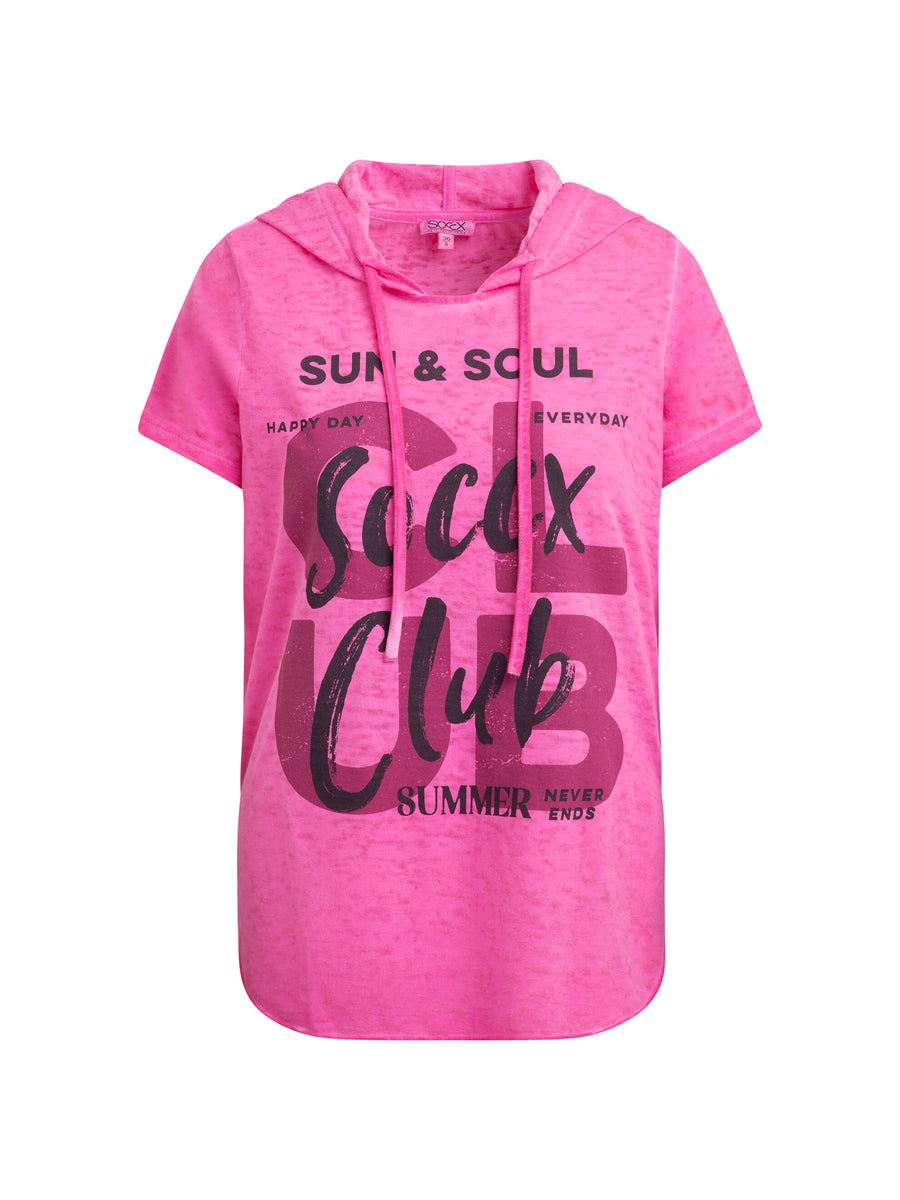 Kapuzenshirt mit Ausbrenner-Effekten und Print vivid pink