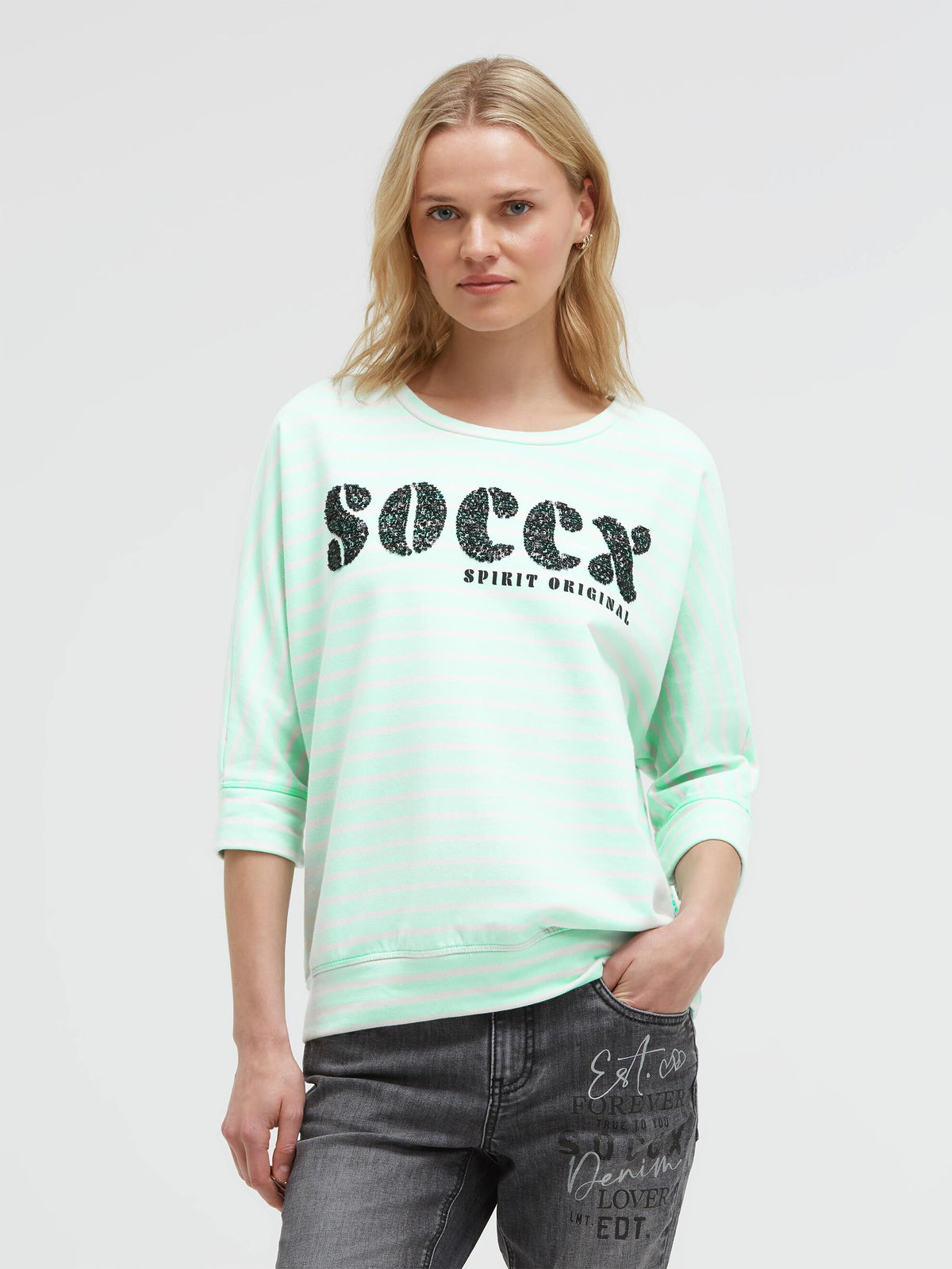 Gestreiftes Kurzarm-Sweatshirt mit Pailletten-Logo ocean mint