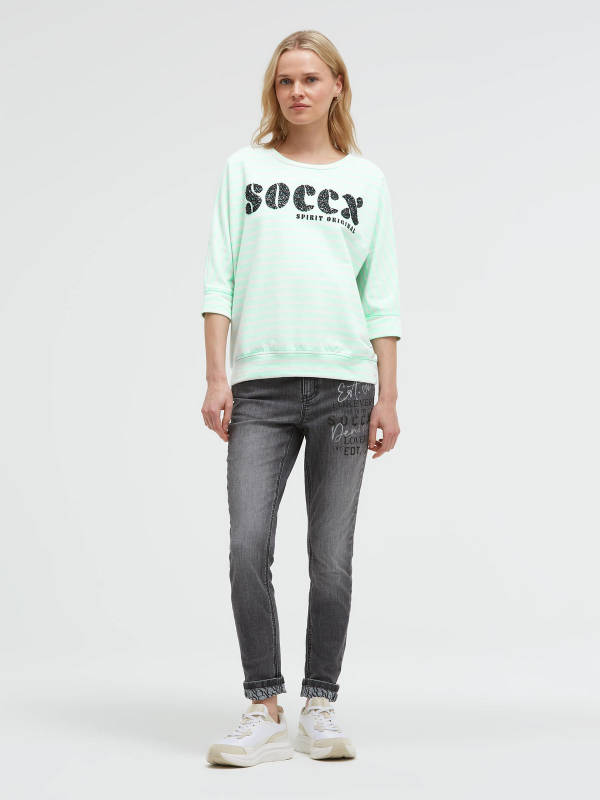 Gestreiftes Kurzarm-Sweatshirt mit Pailletten-Logo ocean mint - 3