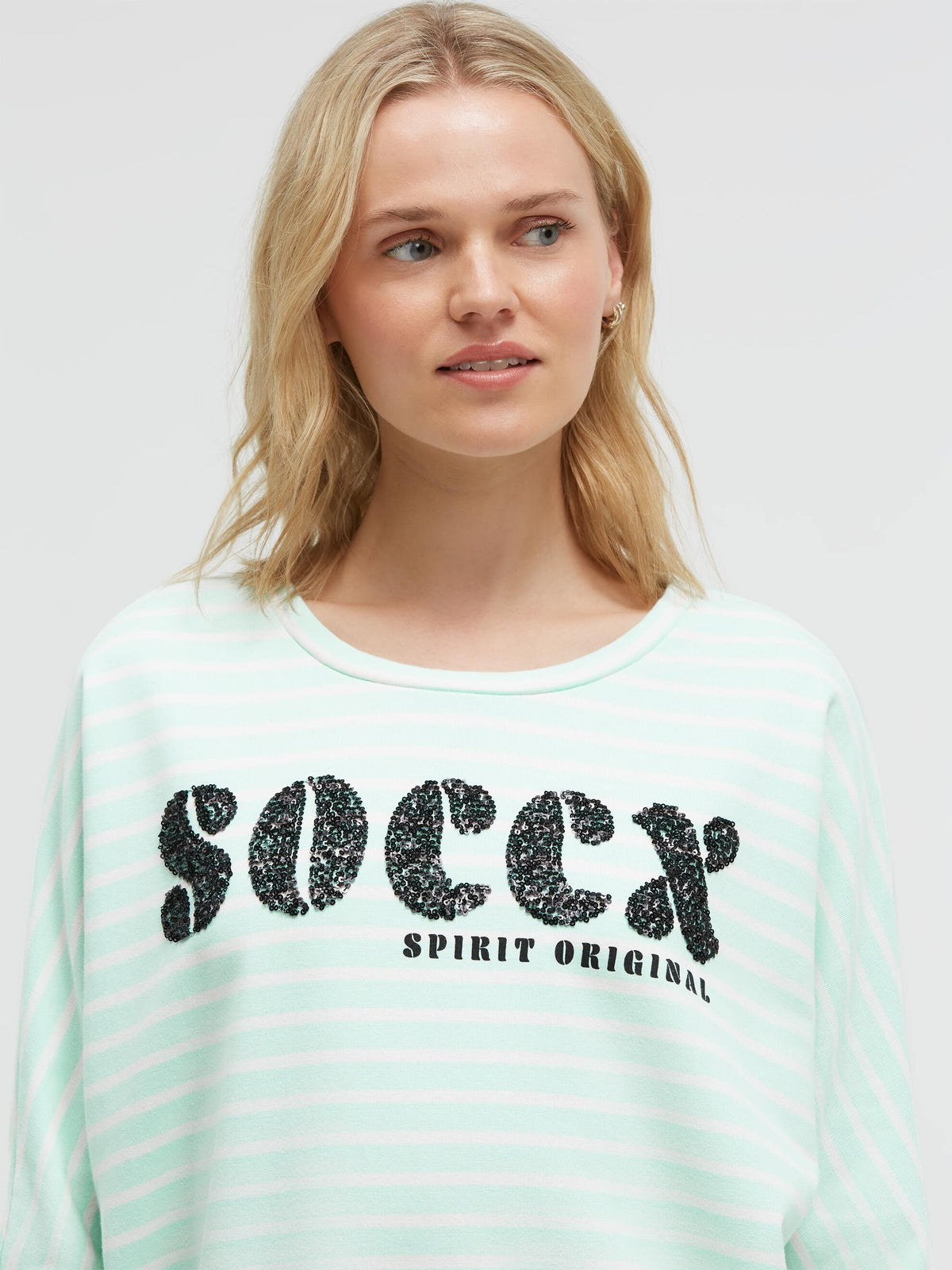 Gestreiftes Kurzarm-Sweatshirt mit Pailletten-Logo ocean mint