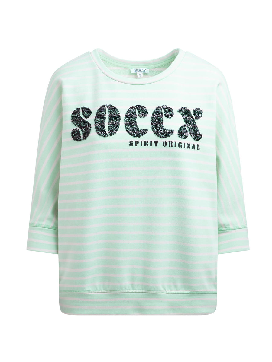 Gestreiftes Kurzarm-Sweatshirt mit Pailletten-Logo ocean mint