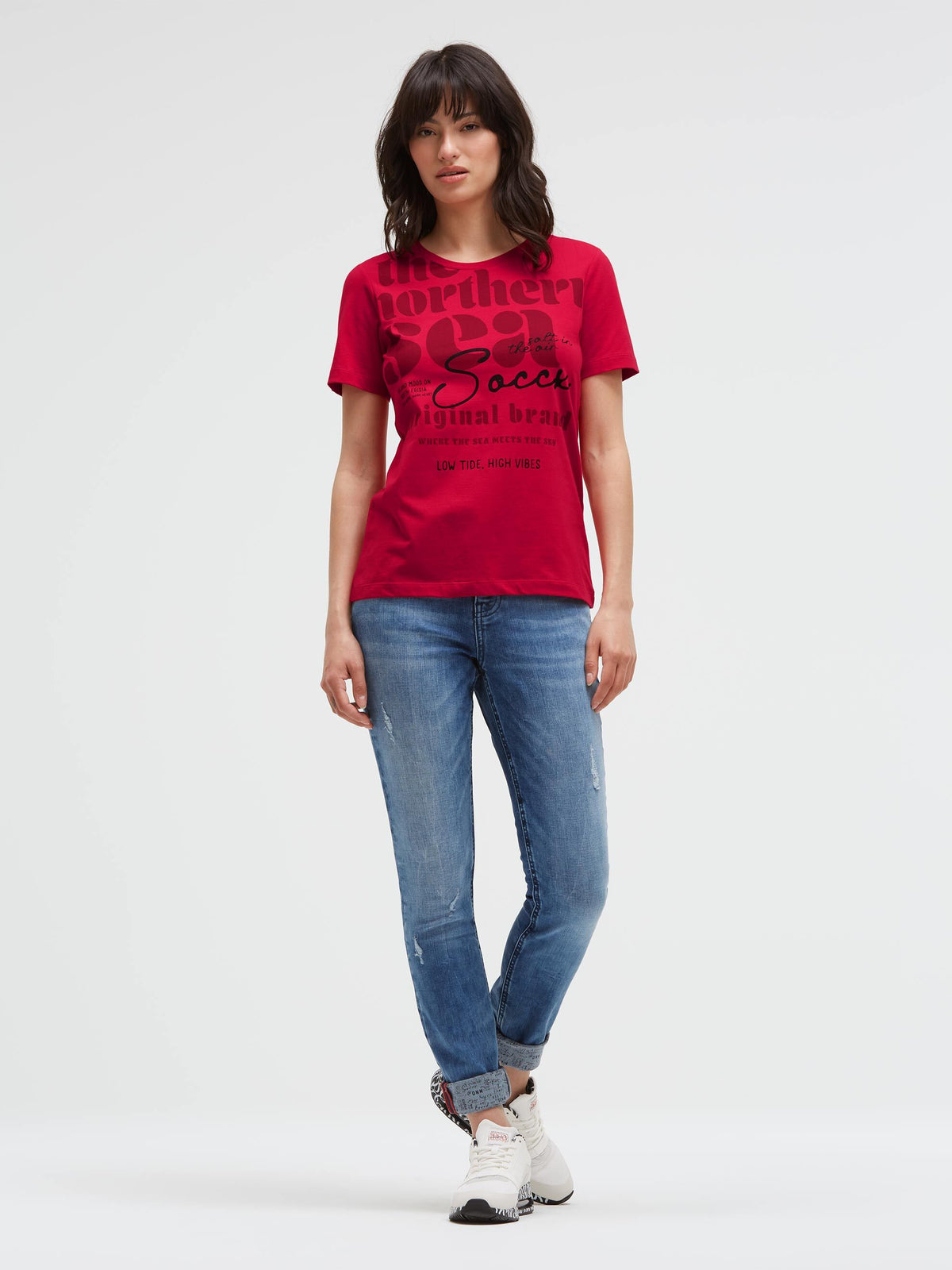 T-Shirt Rundhals mit Label Print clear red