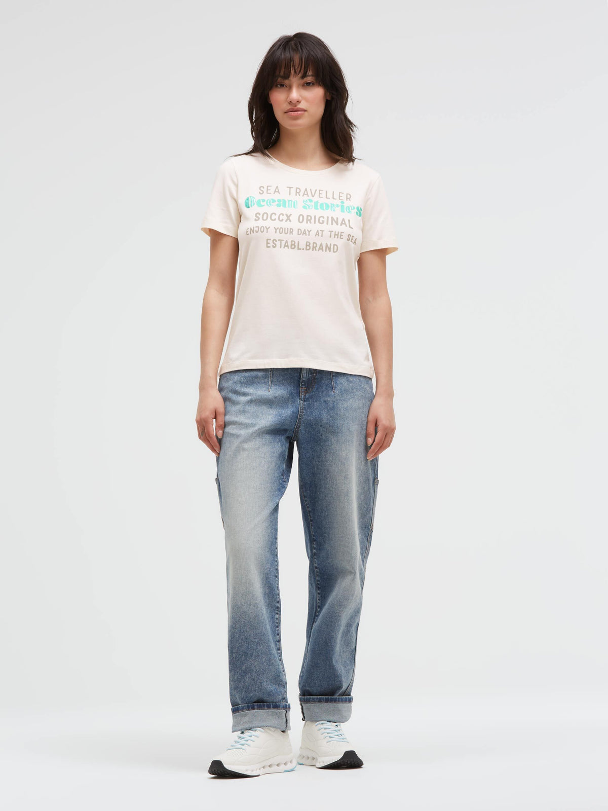 T-Shirt Rundhals mit Label Print shell sand - 3