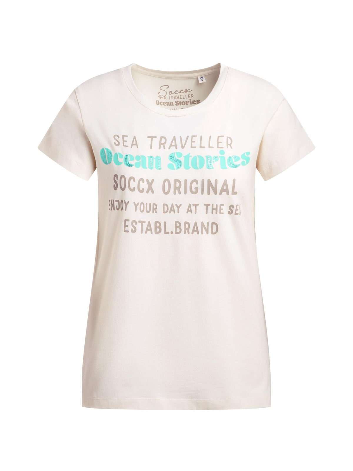 T-Shirt Rundhals mit Label Print shell sand