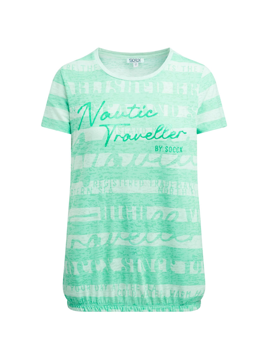 Gestreiftes Ausbrenner-Shirt mit Print und Elastiksaum ocean mint