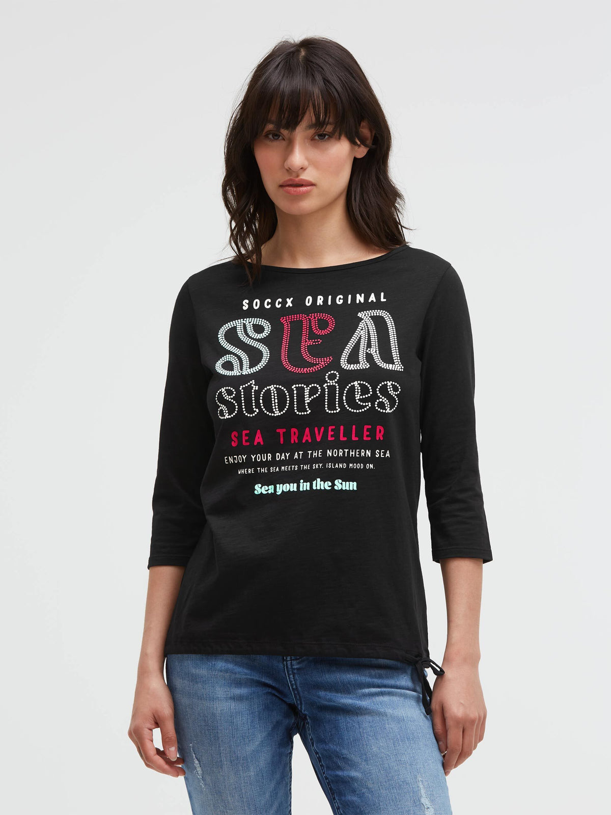 Shirt mit U-Boot-Ausschnitt, Artwork und Saumband black - 2