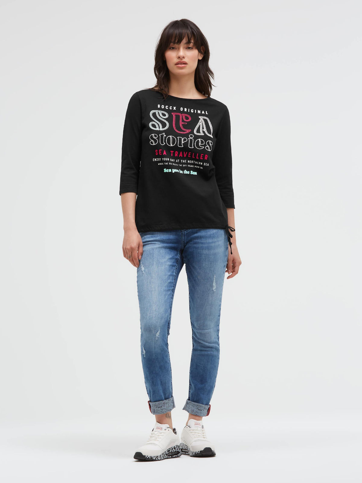 Shirt mit U-Boot-Ausschnitt, Artwork und Saumband black - 3
