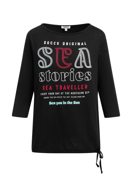 Shirt mit U-Boot-Ausschnitt, Artwork und Saumband black