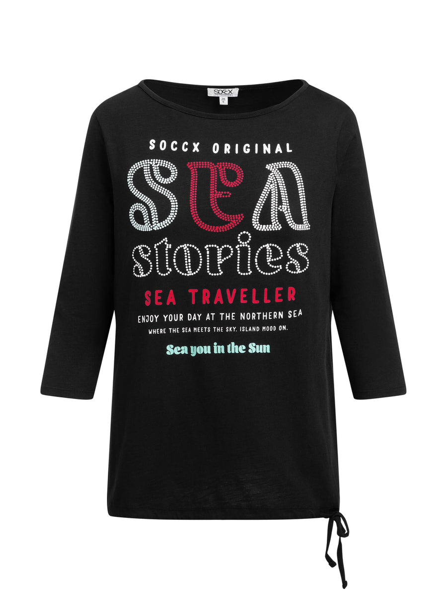 Shirt mit U-Boot-Ausschnitt, Artwork und Saumband black