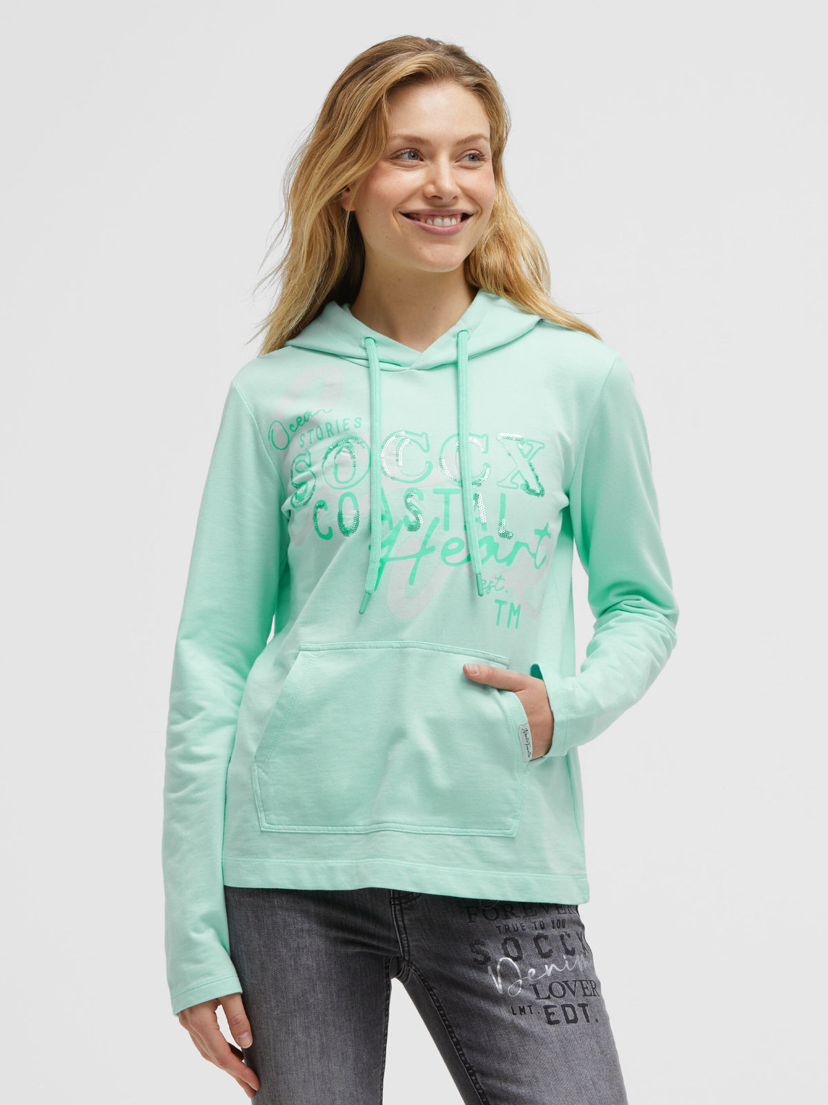 Hoodie mit Pailletten-Artwork und Kängurutasche ocean mint