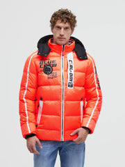 Lange Steppjacke mit Kapuze, Tapes und Patches neon fire