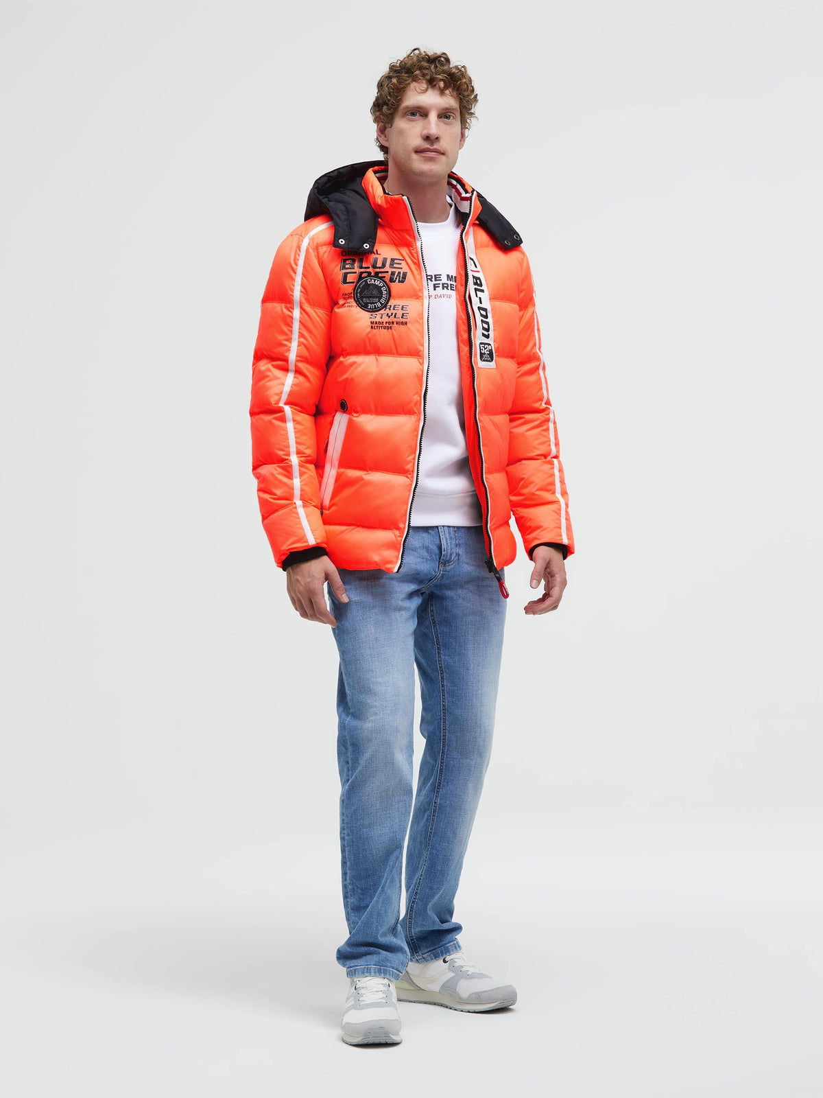 Lange Steppjacke mit Kapuze, Tapes und Patches neon fire - 3