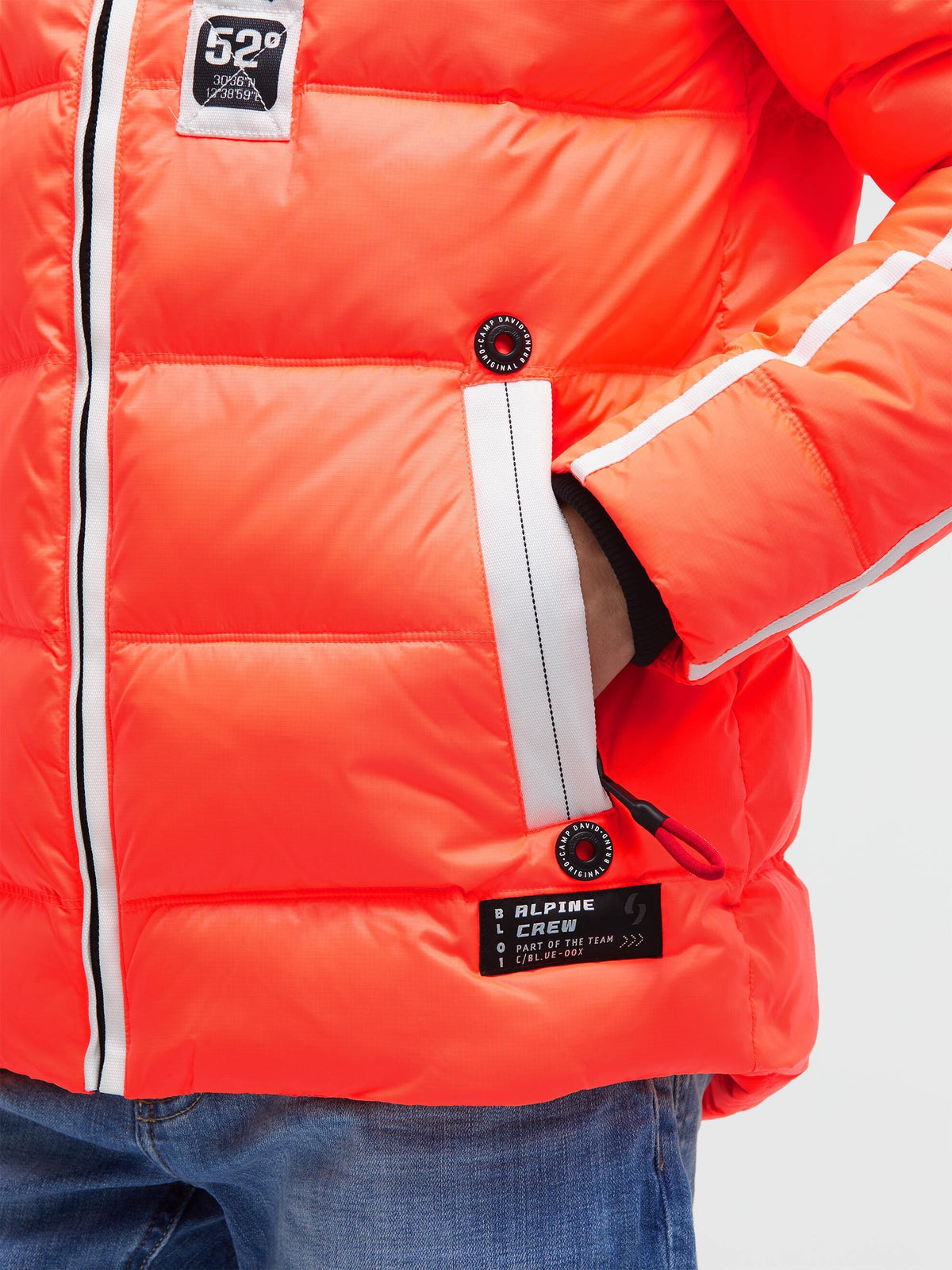 Lange Steppjacke mit Kapuze, Tapes und Patches neon fire - 6