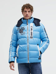 Lange Steppjacke mit Kapuze, Tapes und Patches icy blue