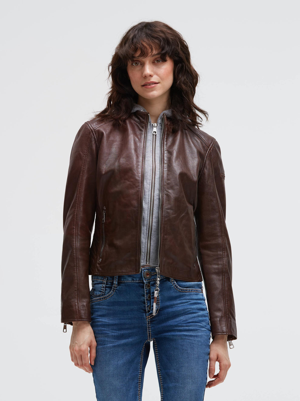 Lederjacke im Biker-Stil mit Sweatkapuze chestnut