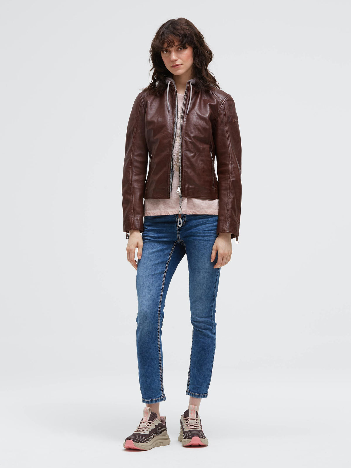 Lederjacke im Biker-Stil mit Sweatkapuze chestnut