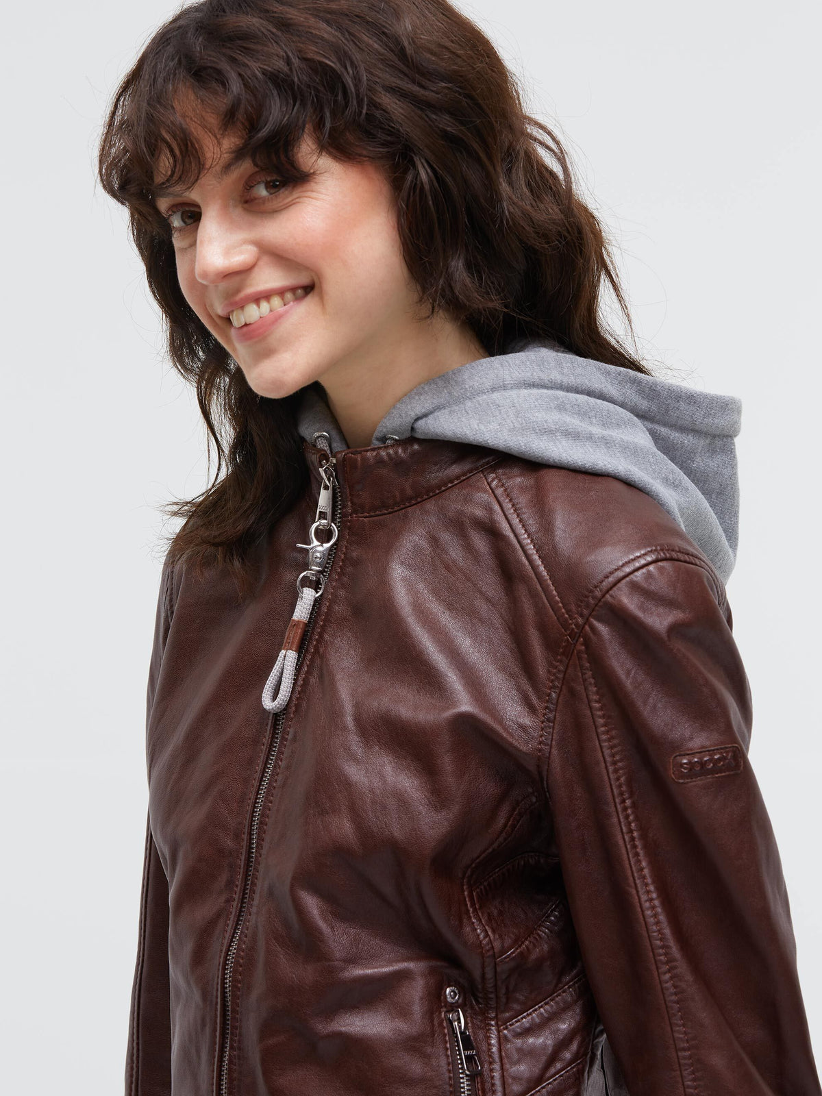 Lederjacke im Biker-Stil mit Sweatkapuze chestnut