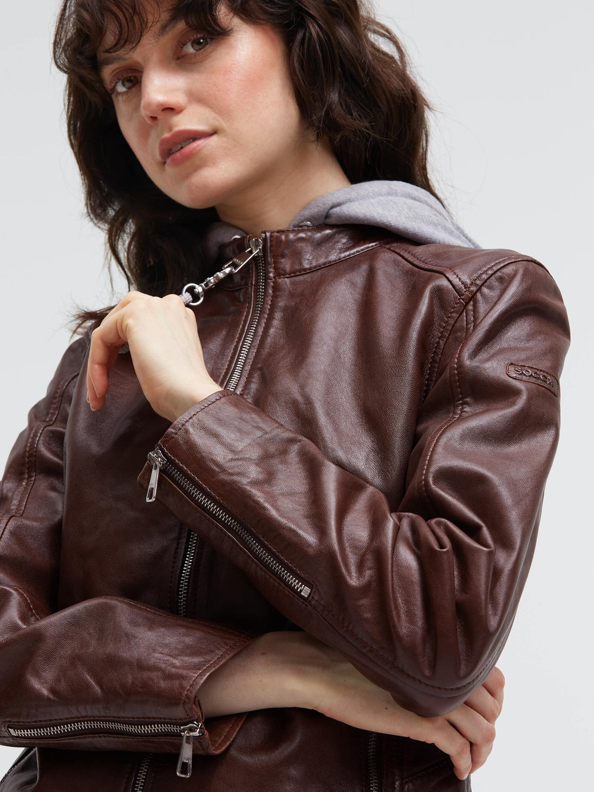 Lederjacke im Biker-Stil mit Sweatkapuze chestnut