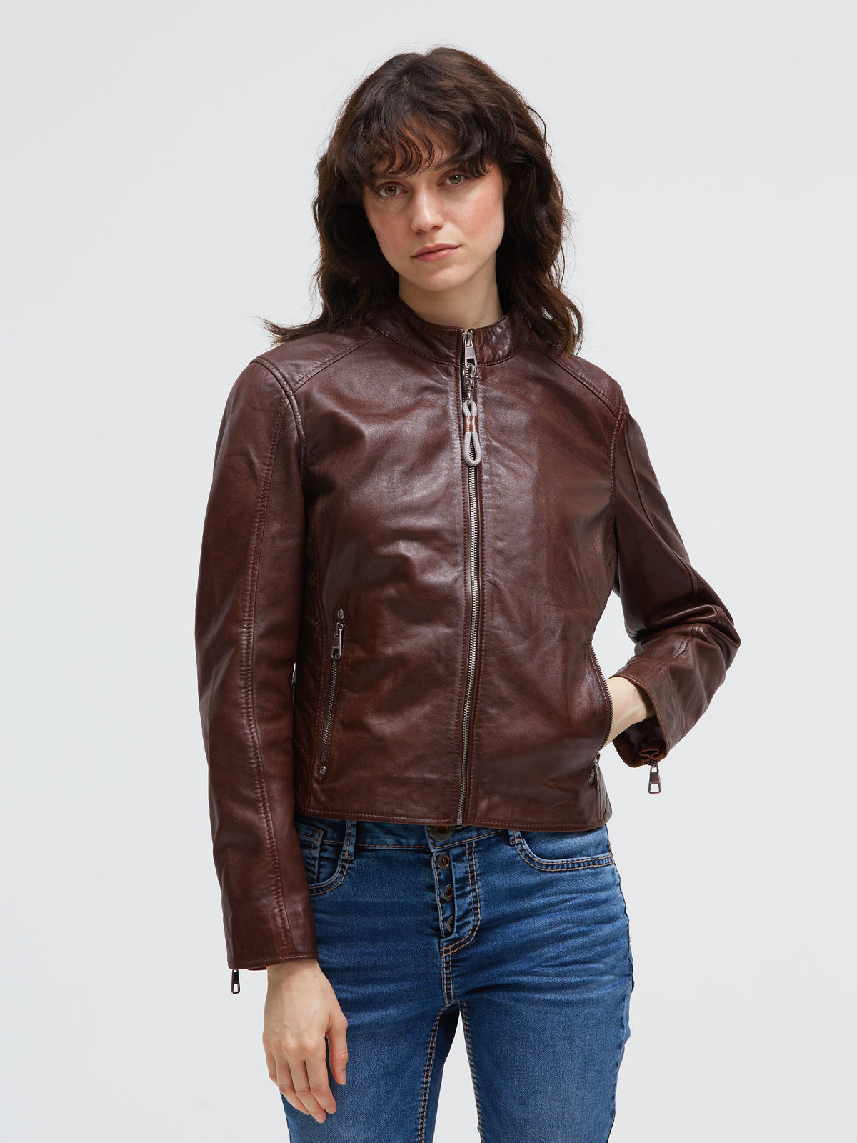 Lederjacke im Biker-Stil mit Sweatkapuze chestnut - 8