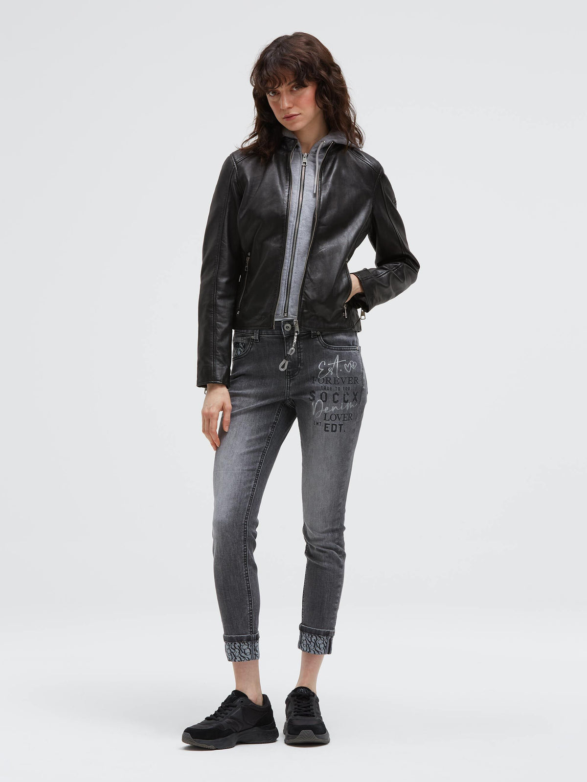 Lederjacke im Biker-Stil mit Sweatkapuze black