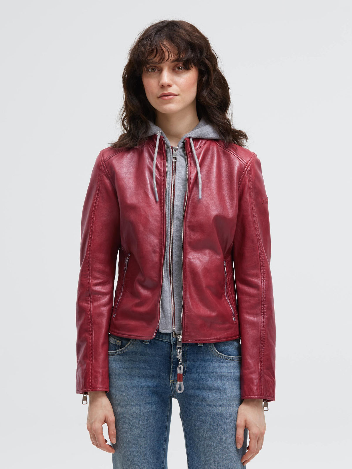 Lederjacke im Biker-Stil mit Sweatkapuze dark red