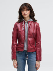 Lederjacke im Biker-Stil mit Sweatkapuze dark red