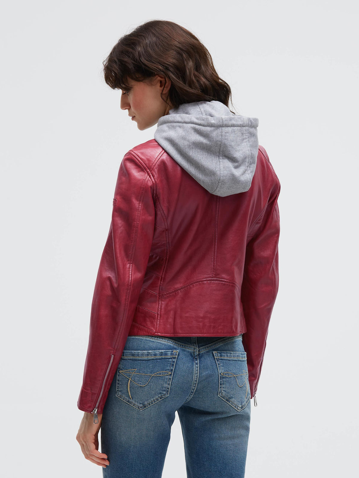 Lederjacke im Biker-Stil mit Sweatkapuze dark red - 5