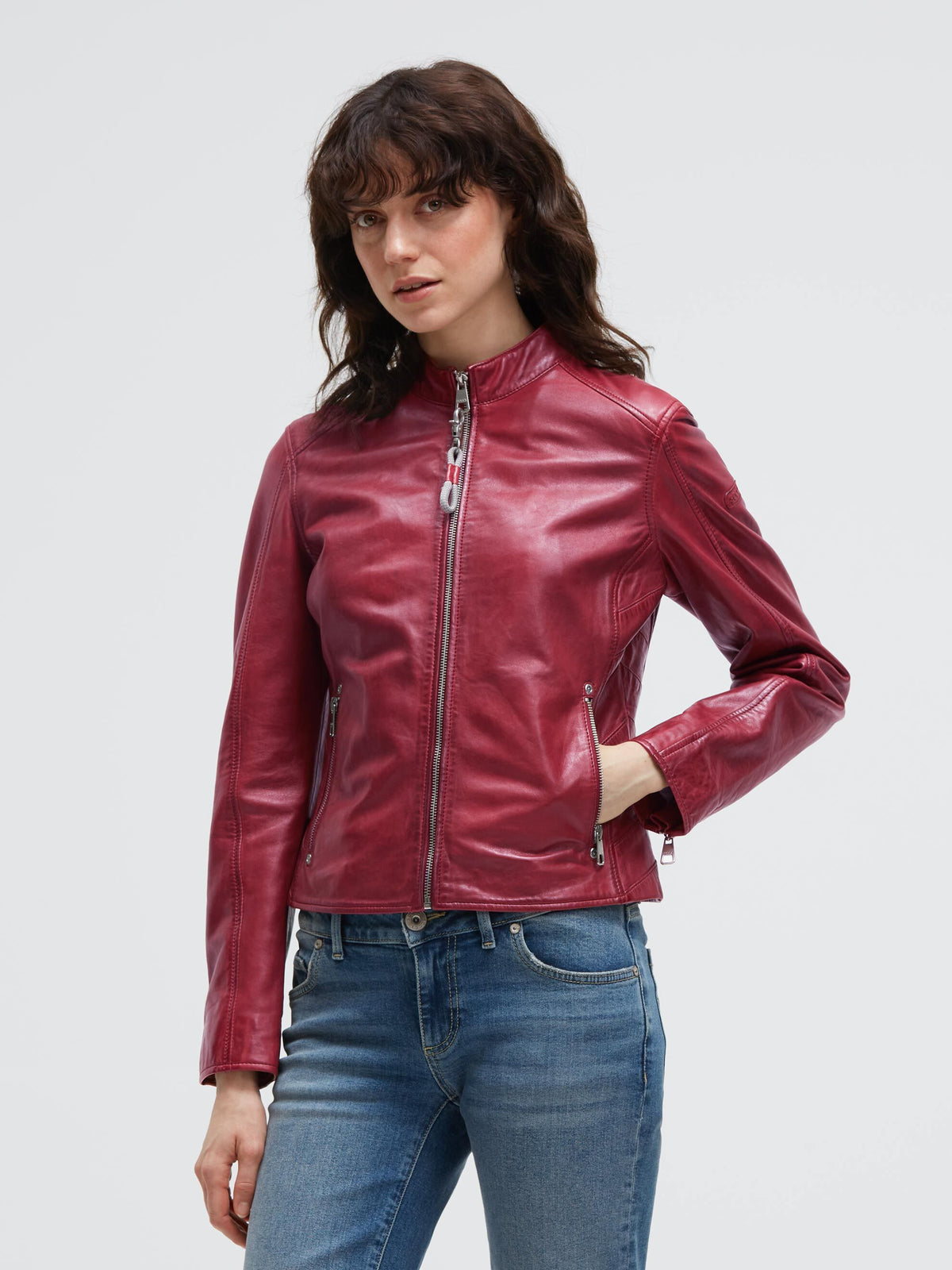 Lederjacke im Biker-Stil mit Sweatkapuze dark red