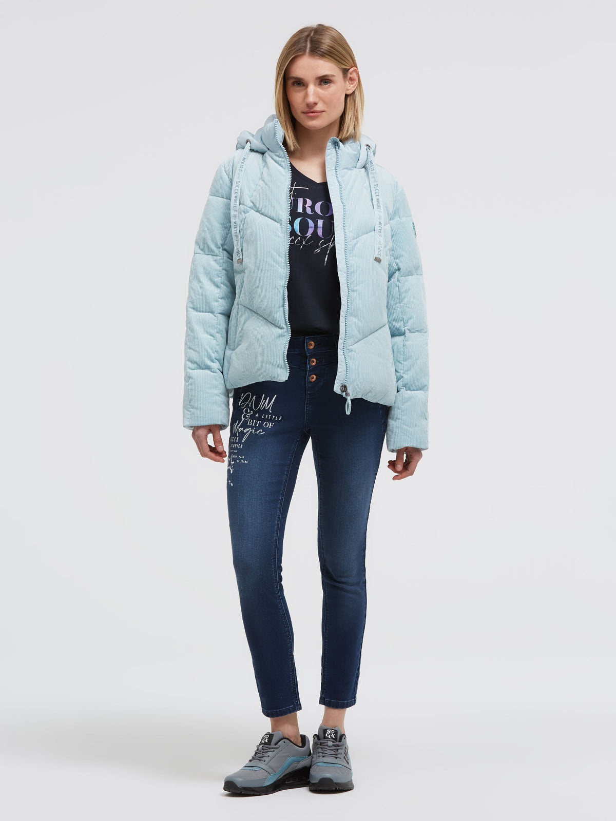 Winterjacke aus Cord mit Kapuze im Materialmix cool sky