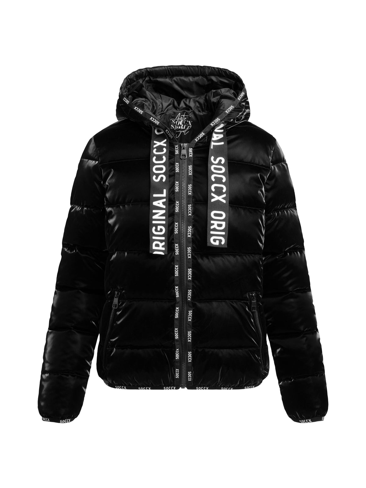 Glänzende Steppjacke mit Kapuze und Logo-Bändern black - 1