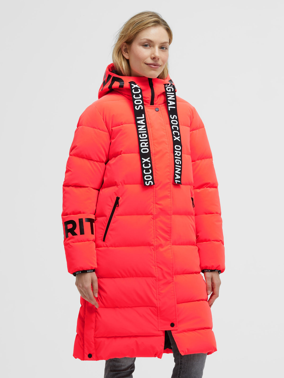 Matter Steppmantel mit Kapuze und Shiny Prints red neon - 2