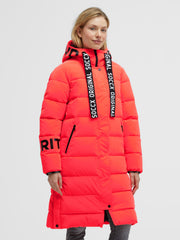 Matter Steppmantel mit Kapuze und Shiny Prints red neon