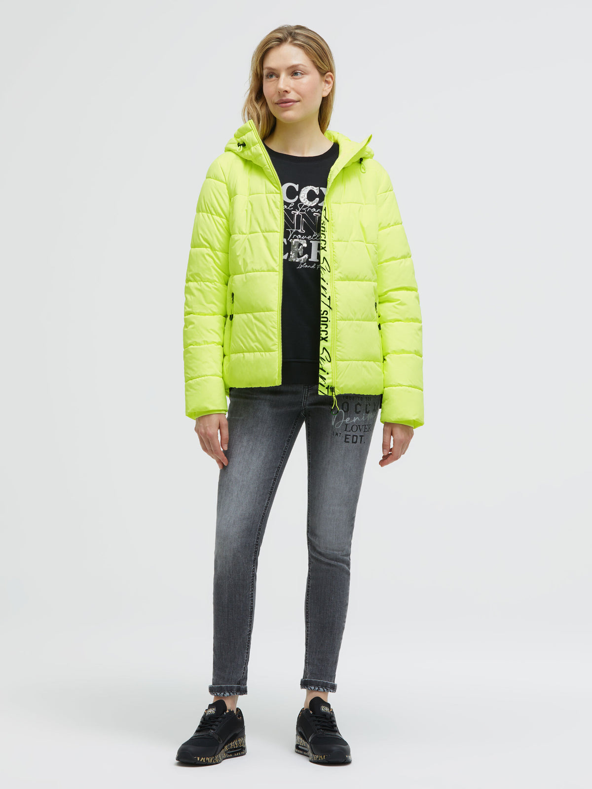 Sportliche Winterjacke mit Kapuze und Tapes neon yellow