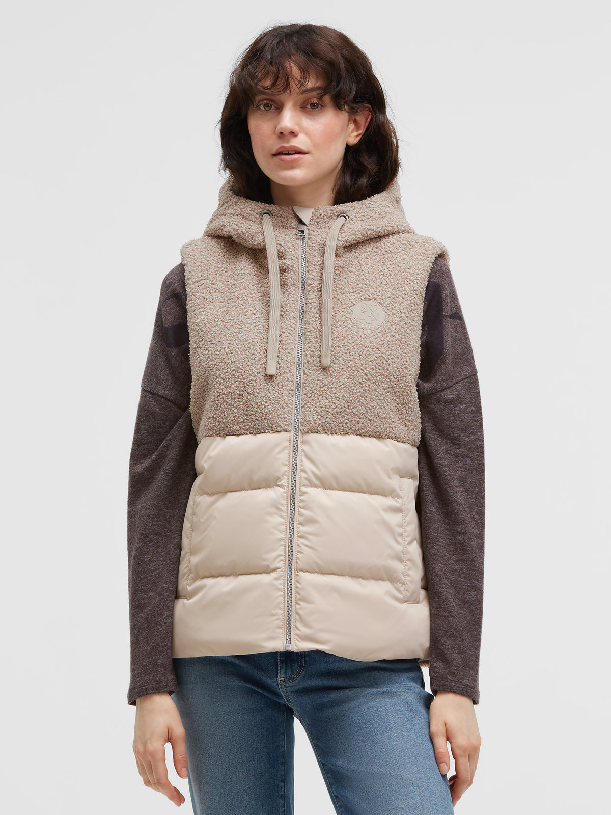 Bouclé-Weste im Materialmix mit Kapuze almond cream - 2